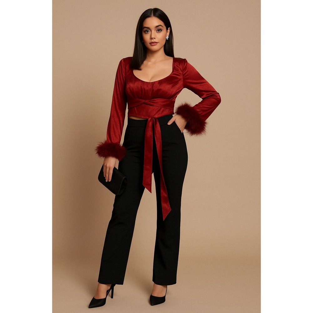 Thirty Thirty Red‎ Satin Feather Cuff Wrap Tie  Top Women's M Y2k glam Holidaya